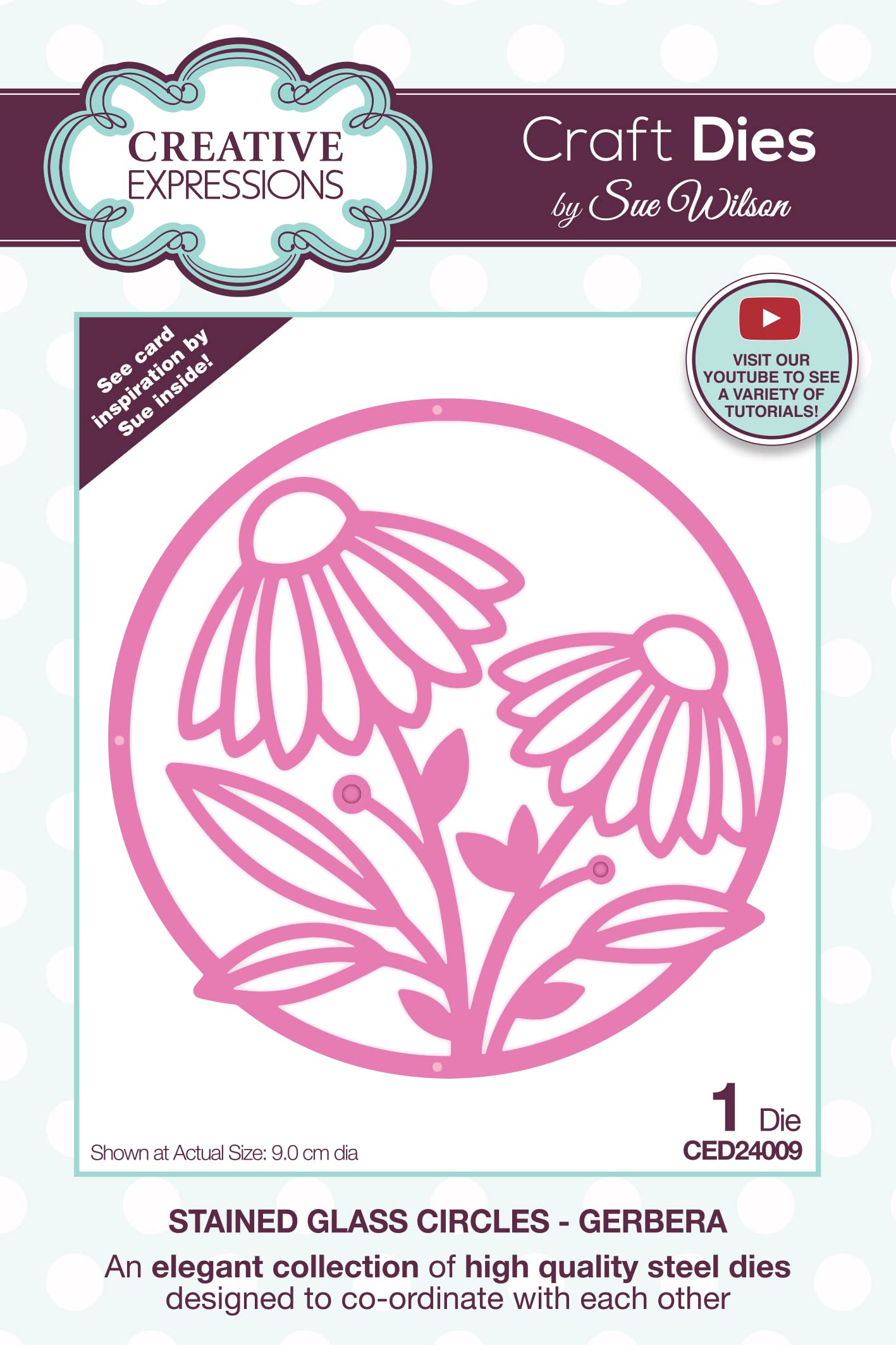 Creative E x pressions Sue Wilson-Stained Glass Circles-Gerbera-Craft Die, Metal, Size 9 cm Diameter,CED24009