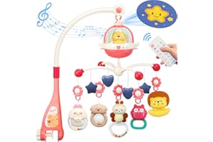 LZZAPJ Baby Crib Mobile with Night Lights and Music,Hanging Mobile for Crib Bassinet with Rotation, Projection,Remote Control,Babies Crib Toys for Nursery Newborn Infant Boys Girls (Pink)