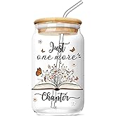 FIVITY Book Lovers Gifts Ideas 16 Oz Glass Cups with Lids and Straws Just One More Chapter Coffee Tumbler Bookish Present Birthday Mothers Day Christmas Gift for Women Readers Bookworm Friends