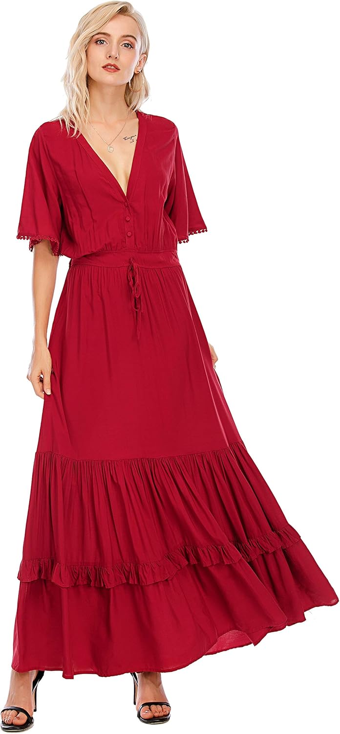 R.Vivimos Womens Summer Cotton Short Sleeve V Neck Floral Print Casual Bohemian Midi Dresses: Clothing