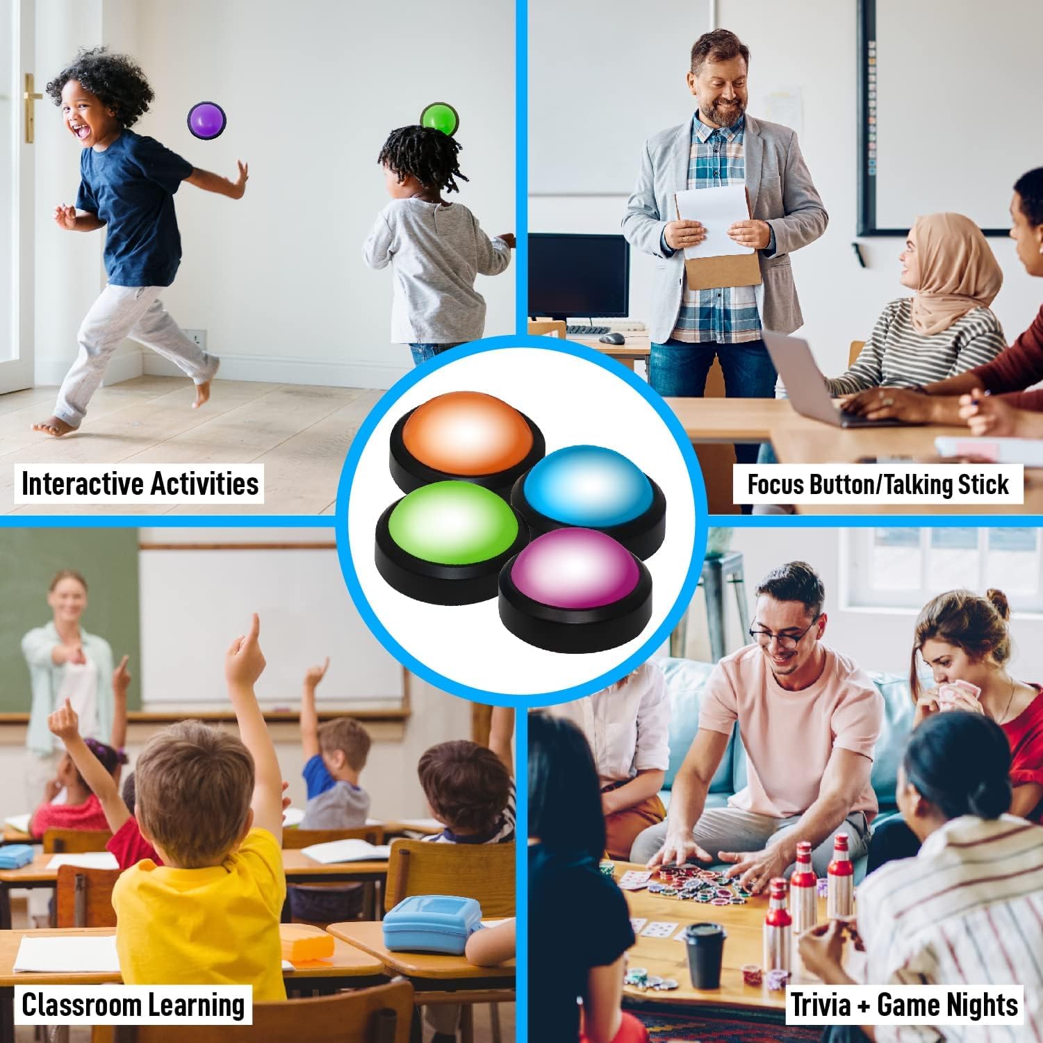 Teacher's Choice Light Up Game Buzzer System, Displays The Winning Player Loud, Unique Sounds for Each Buzzer, Great for Trivia Games, Family Feud, Jeopardy (4 Pack)