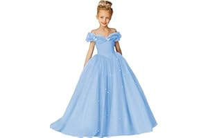 Amatesay Elegant Off Shoulder Flower Girl Dresses Puffy Tulle Pageant Gown Sparkly Pearls Formal Evening Party Dress