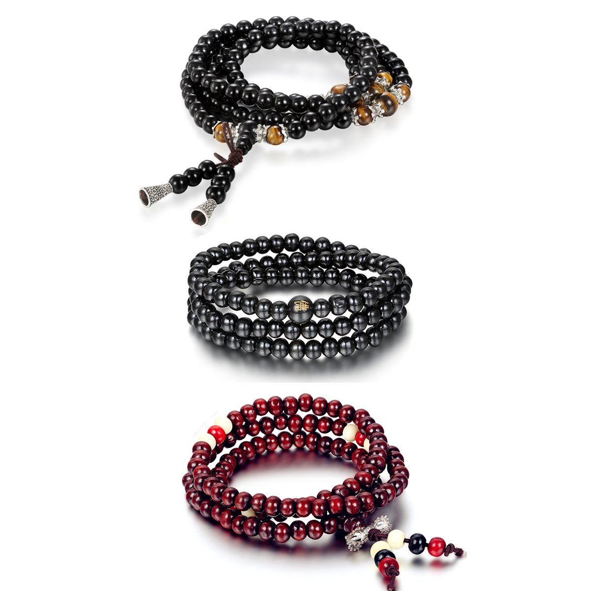 Cupimatch 3-Piece 2-in-1 Men Women Wooden Prayer Beads Buddha Buddhist Wrap Bracelets Rosary Malas Necklace