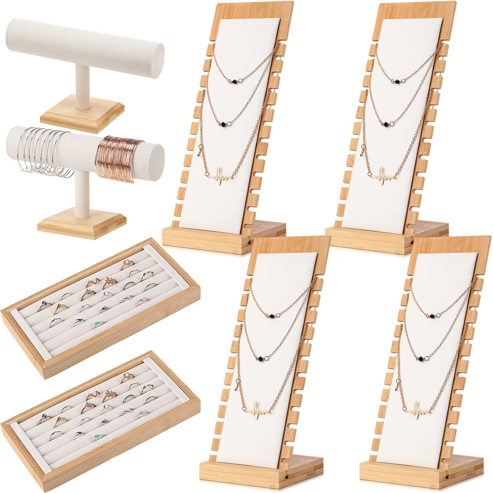 Photo 1 of Marsui 8 Pcs Bamboo Jewelry Display Holder Set, Include T Bar Bracelet Stand Necklace Tabletop Display Boards Ring Earrings Tray Easels for Jewelry Collection Selling Shows(Beige)