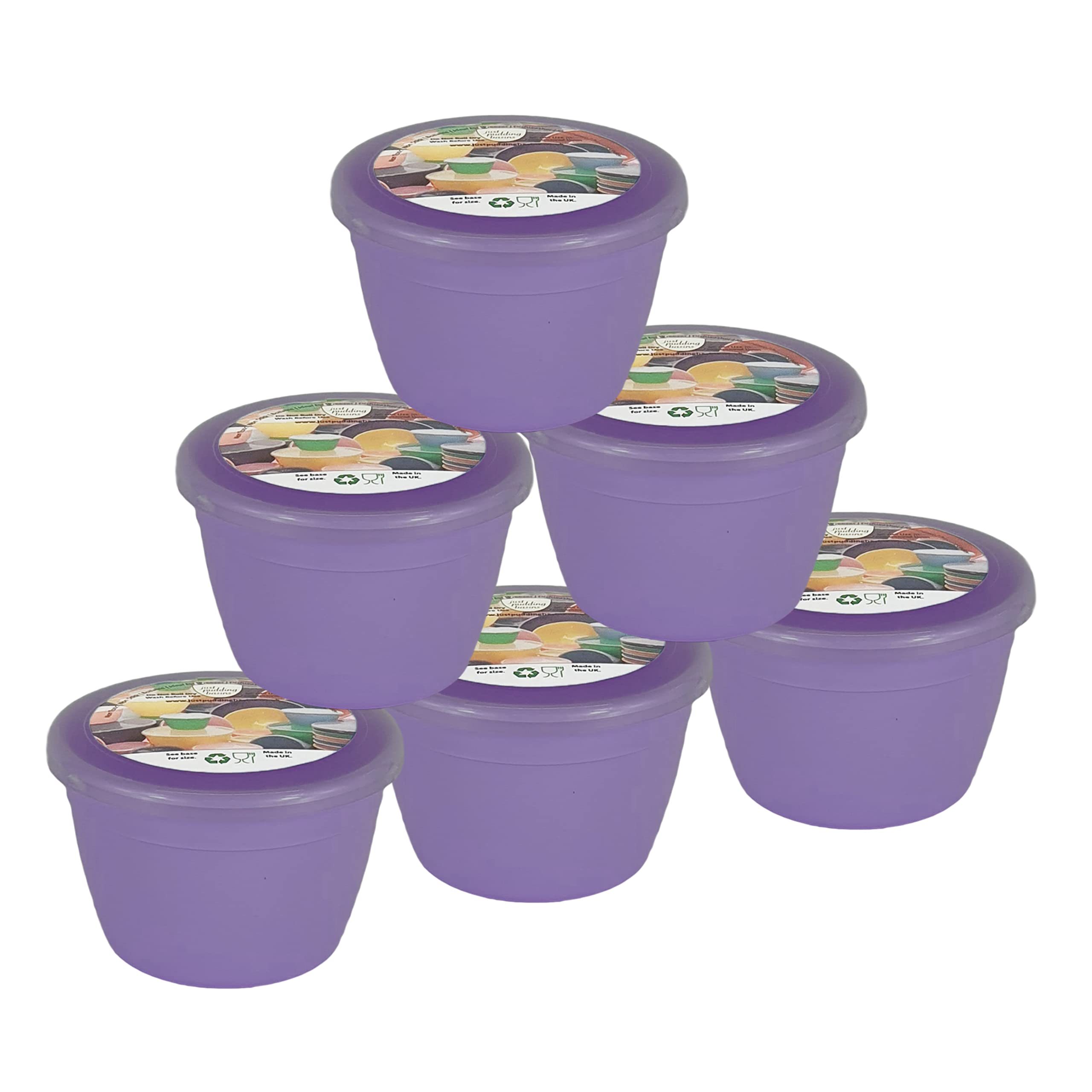 Just Pudding Basins Pastel Colours 1/4 Pint Small Basin and Clear Lid 0.25pt Pack of 6 Plastic Steaming Bowls (Lilac)