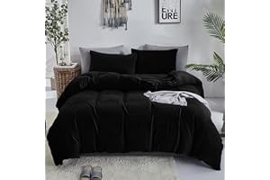 Luxlovery Black Velvet Comforter Set Queen Men Plush Fluffy Black Bedding Comforter Set Dark Color Minimalist Bedding Set Solid Modern Blanket Quilts Heavyweight Winter Warm Flannel Comforter Set