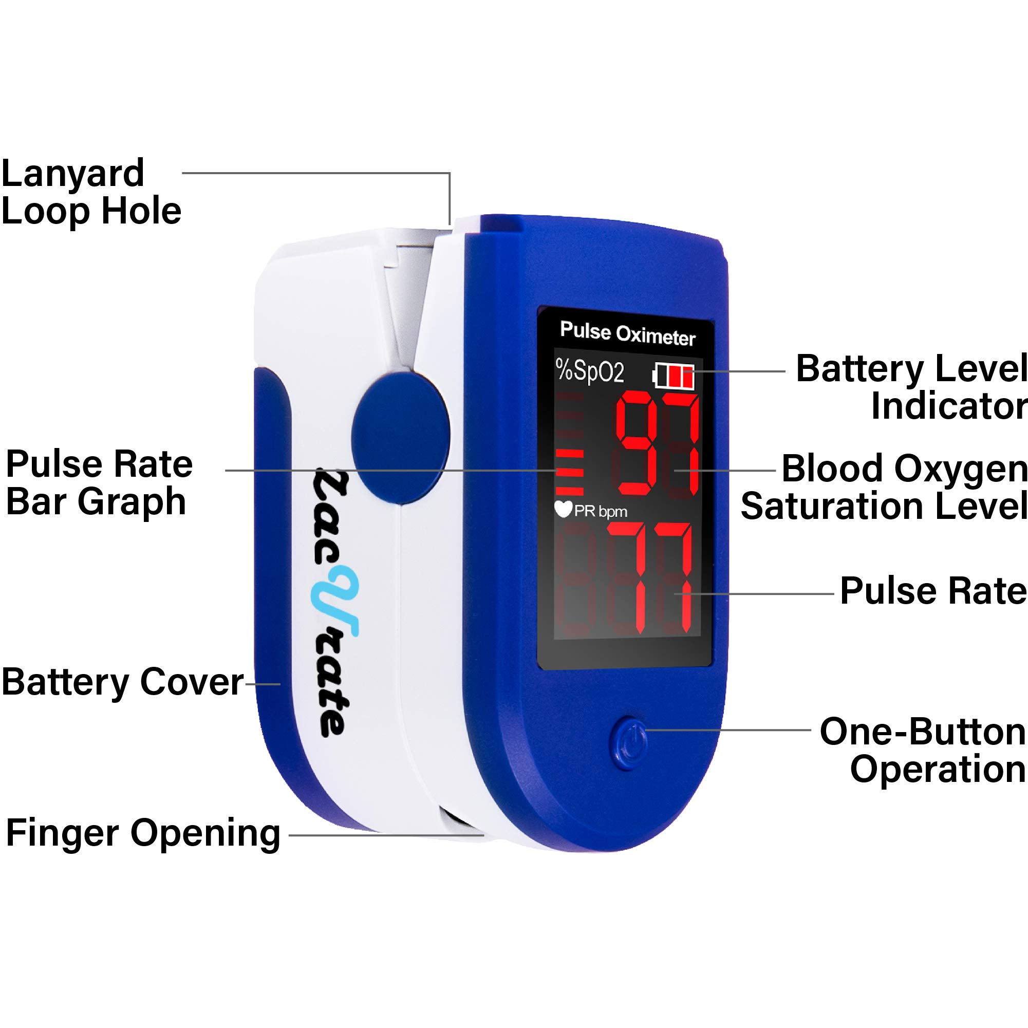 Zacurate FSA/HSA Eligible 500CL Fingertip Pulse Oximeter Blood Oxygen Saturation Monitor with Batteries and Lanyard Included (Sapphire Blue)