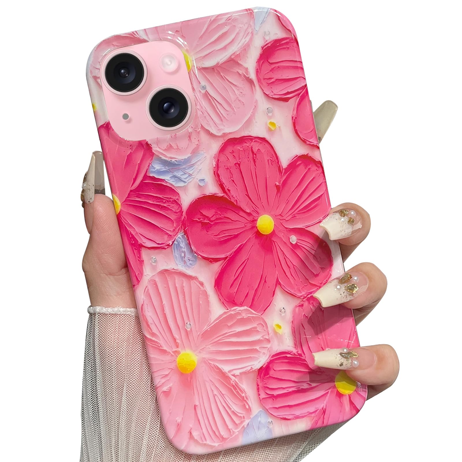 Photo 1 of Jmltech for iPhone 15 Plus Case Women Trendy Girly Aesthetic Cute Floral Flowers Luxury Sparkle Silicone with Charms Phone Strap Lanyard Oil Painting Shockproof Protective Cases