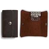 PavinCrafter Leather Key Sleeve Brown Genuine Leather Key Holder with Ring, Compact Key Organizer for Men & Women