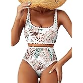Herseas Women's Bikini Sets Floral Print Whip Stitch 2 Piece Swimsuits High Waisted Scoop Bathing Suits