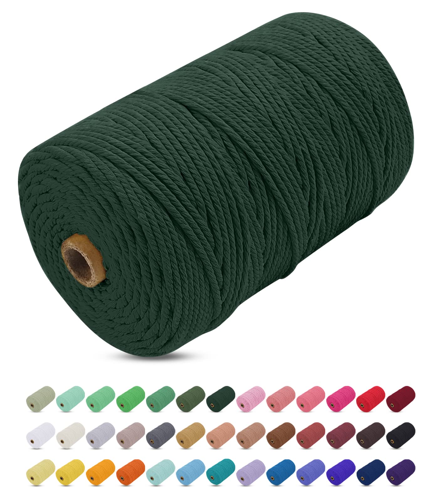Uiopa Macrame Cord 3mm x 200m, Thick Macrame Rope Yarn Soft Natural Cotton Cord, Coloured 4-Ply Macrame String for DIY Craft, Plant Hangers, Wall Hanging, Christmas Decorations (Dark Green)