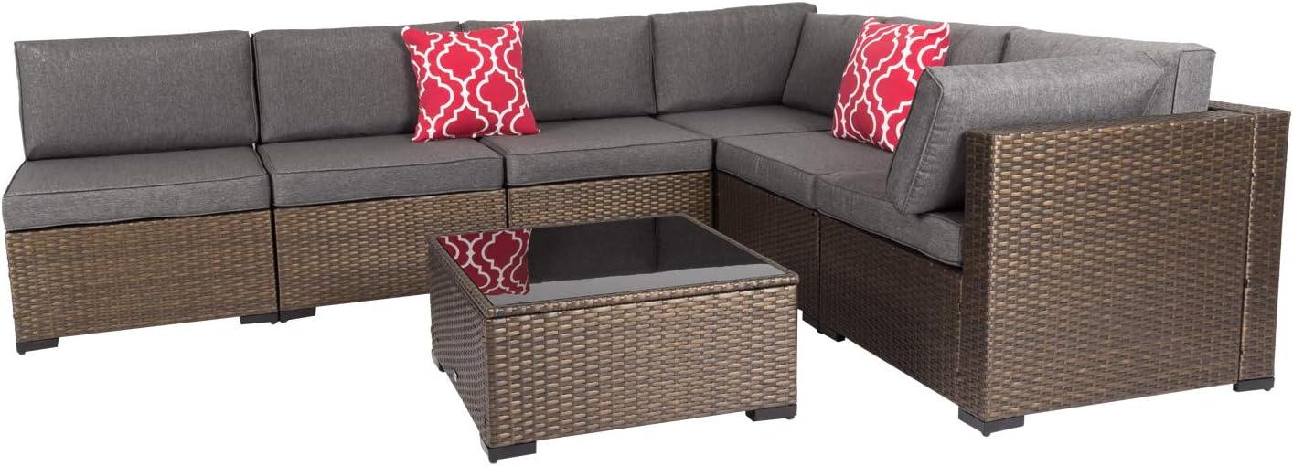 Kinsunny 7 Piece Outdoor Patio Furniture Set Wicker Sectional Sofa with 2 Pillows and Tea Table Patio Rattan Conversation Chair Sofa Set: Garden & Outdoor