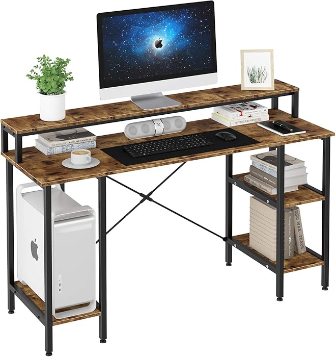 Oneinmil Industrial Computer Desk 55", Mid-Century Retro Sturdy Study Writing Table Desk, Heavy Duty for 200 lbs, w/Storage Shelf Monitor Stand, Office Home Small Space Saving