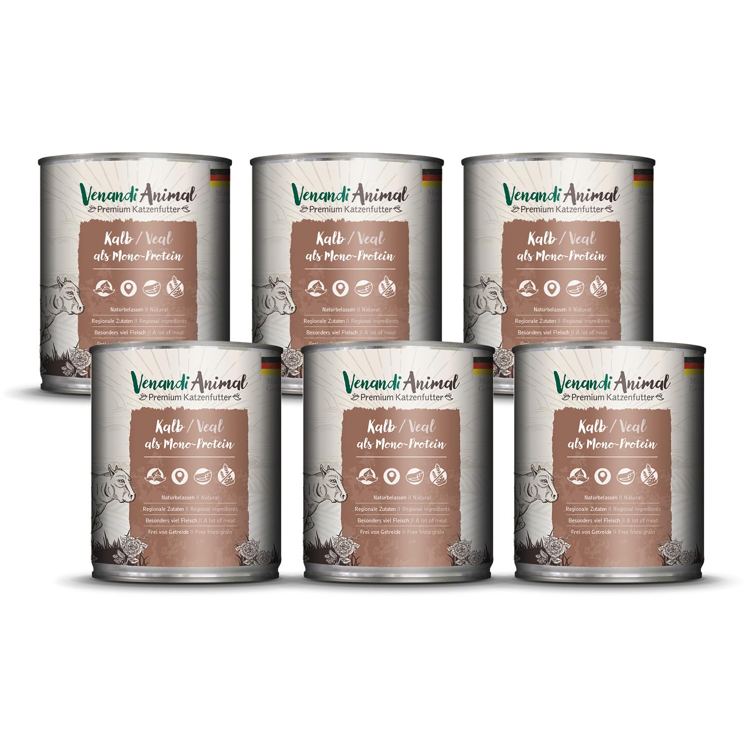 Venandi Animal Premium Cat Food, Veal as Monoprotein, Wet Food, Grain-Free and Natural, Pack of 6 (6 x 800 g)