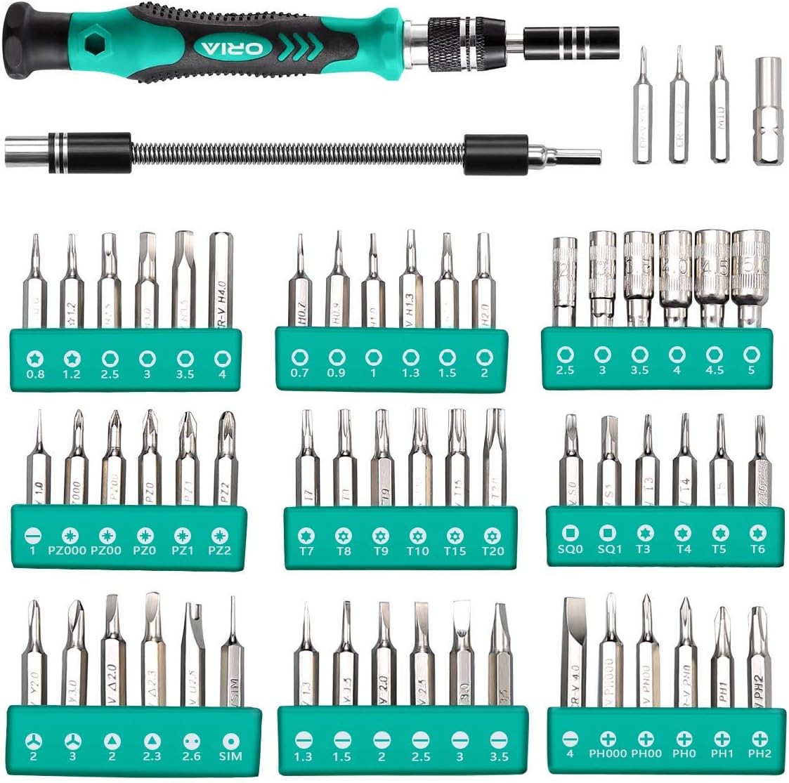 ORIA Precision Screwdriver Set 60 in 1 with 56 Bits Best Torx Mini Screwdriver Set with Case Flexible Shaft Extension Rod Repair Tool Kit For Electronics IPhone Computer Watch Jewelers Table Green - - 