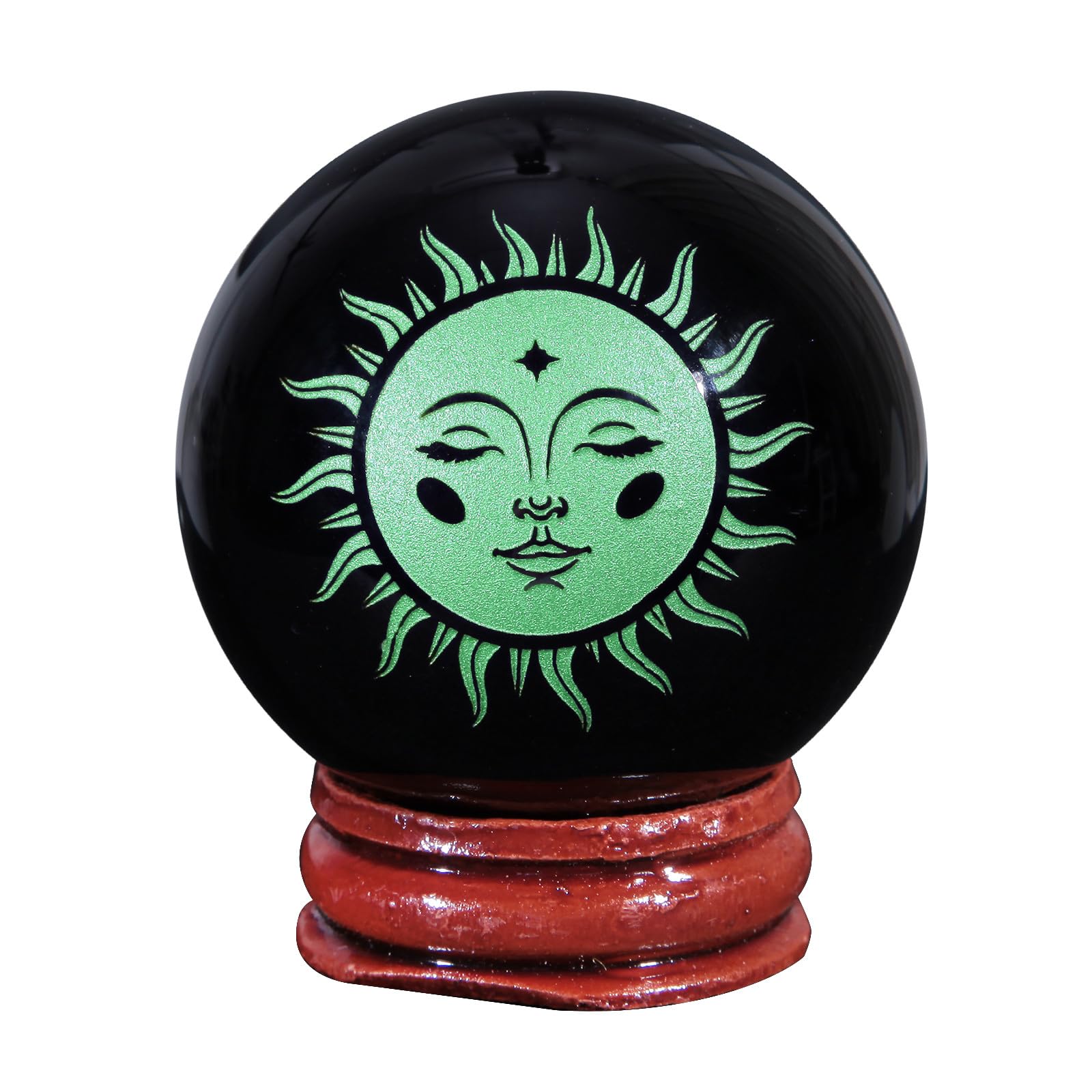 mookaitedecor Engraved God of Sun Symbol Black Obsidian Crystal Ball Sphere Ornament with Wooden Stand, Healing Crystal Stone Wiccan Witchcraft Gifts Reiki Spiritual Room Desk Decor(Green)