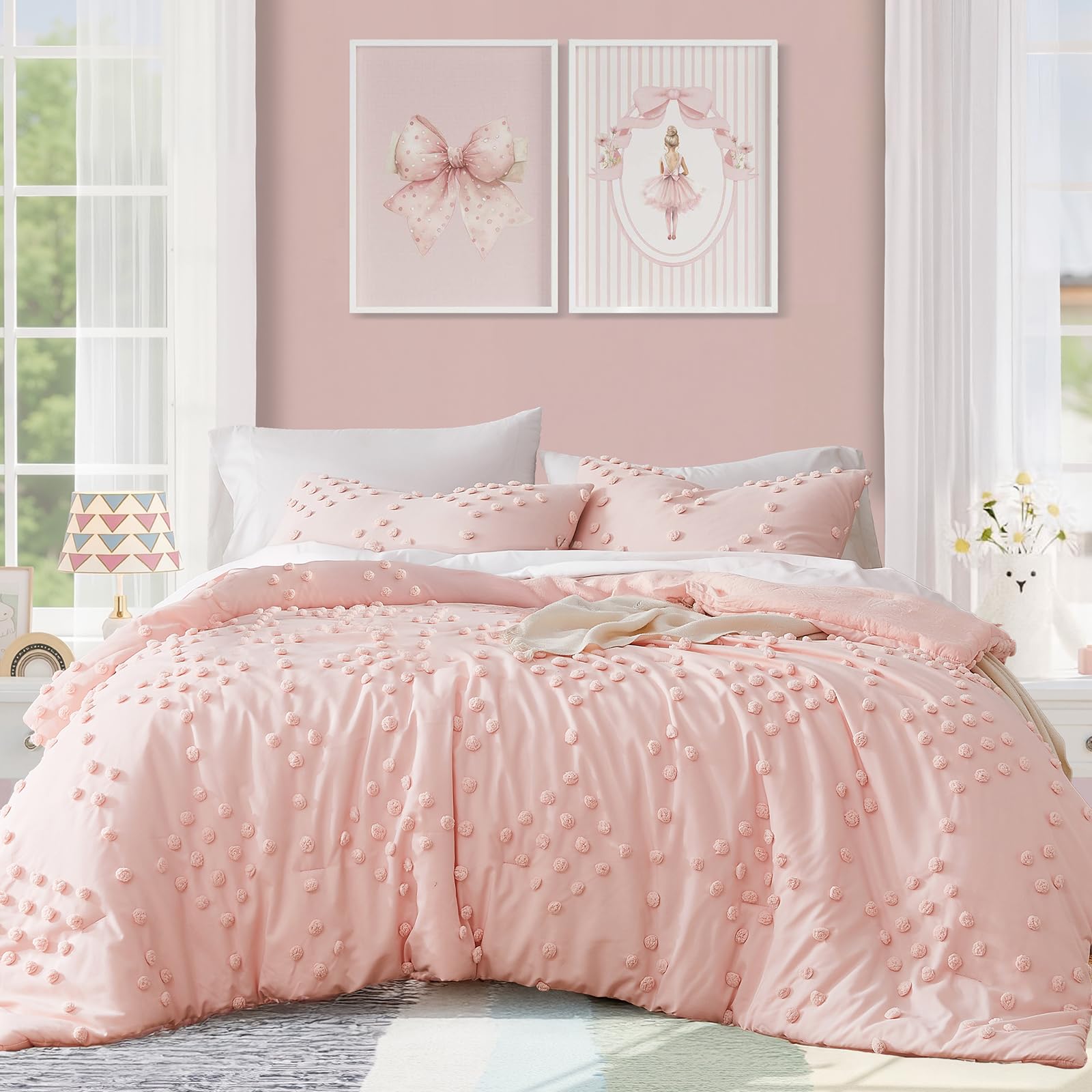 Photo 1 of Geniospin Pink Twin/Twin XL Comforter Set for Girls- 5 Pieces Pom Tufted Bed in A Bag Twin Bedding Sets with Sheets, Pillowcases & Shams, All Season Kids Comforter Set
