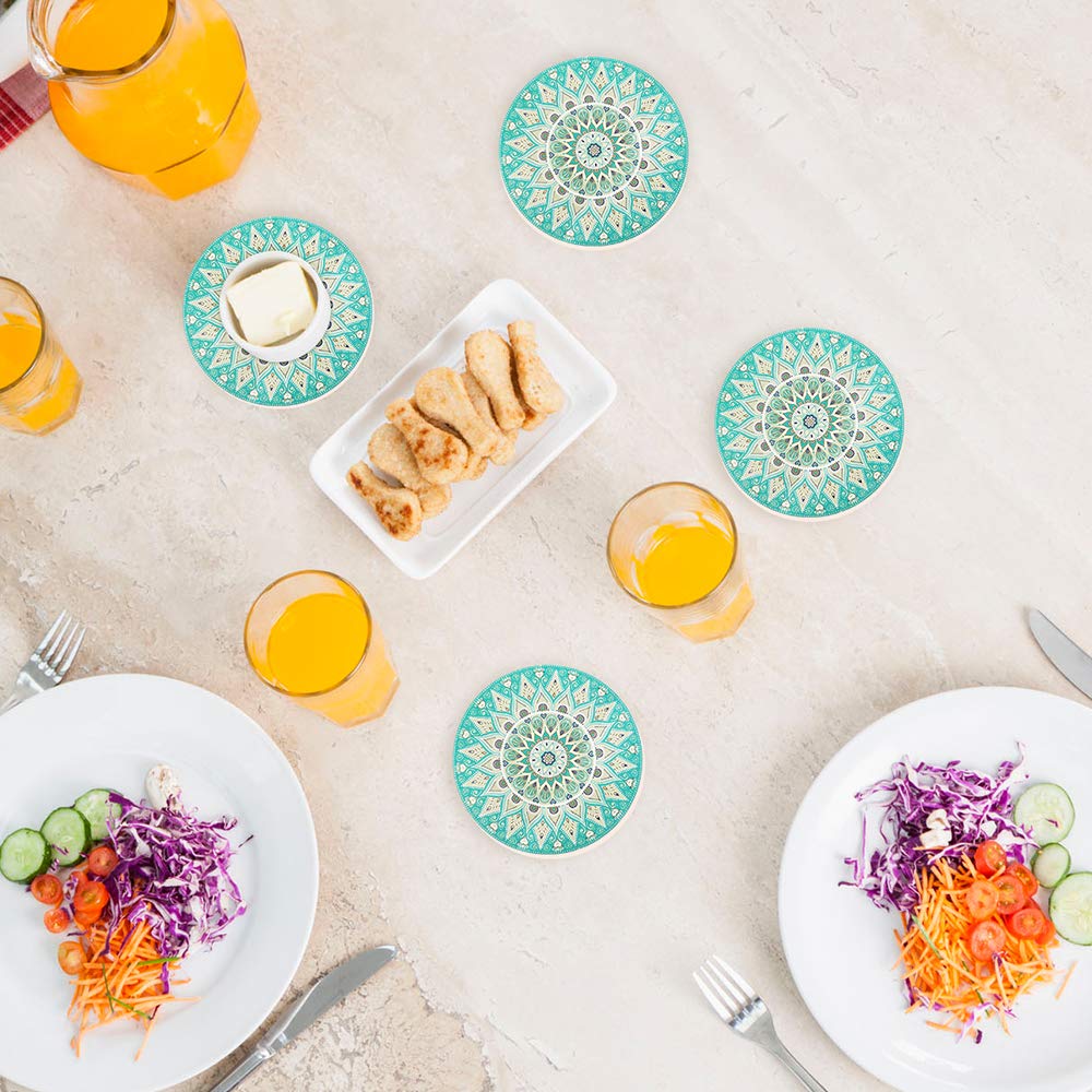 Kidac Absorbent Ceramic Coasters for Drinks with Protective Cork Base - Mandala Style (4 Pieces)
