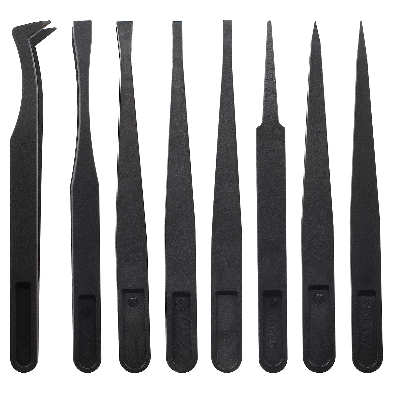 Photo 1 of Bonsicoky 8Pcs Precision Plastic Tweezers, 4.5-4.8 Inch Anti-Static Tweezers Set with Curved and Straight Tips for Electronics Assembly, Watch Repair, Crafts Making (114-123mm, Black)