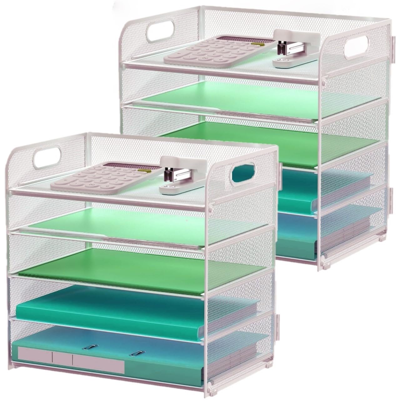 Photo 1 of 2 Pack Letter Tray 5-Tier Desk Organizer File Paper Holder with Handle, Metal Desktop Document Shelf Tray Office Classroom Organization - Silver