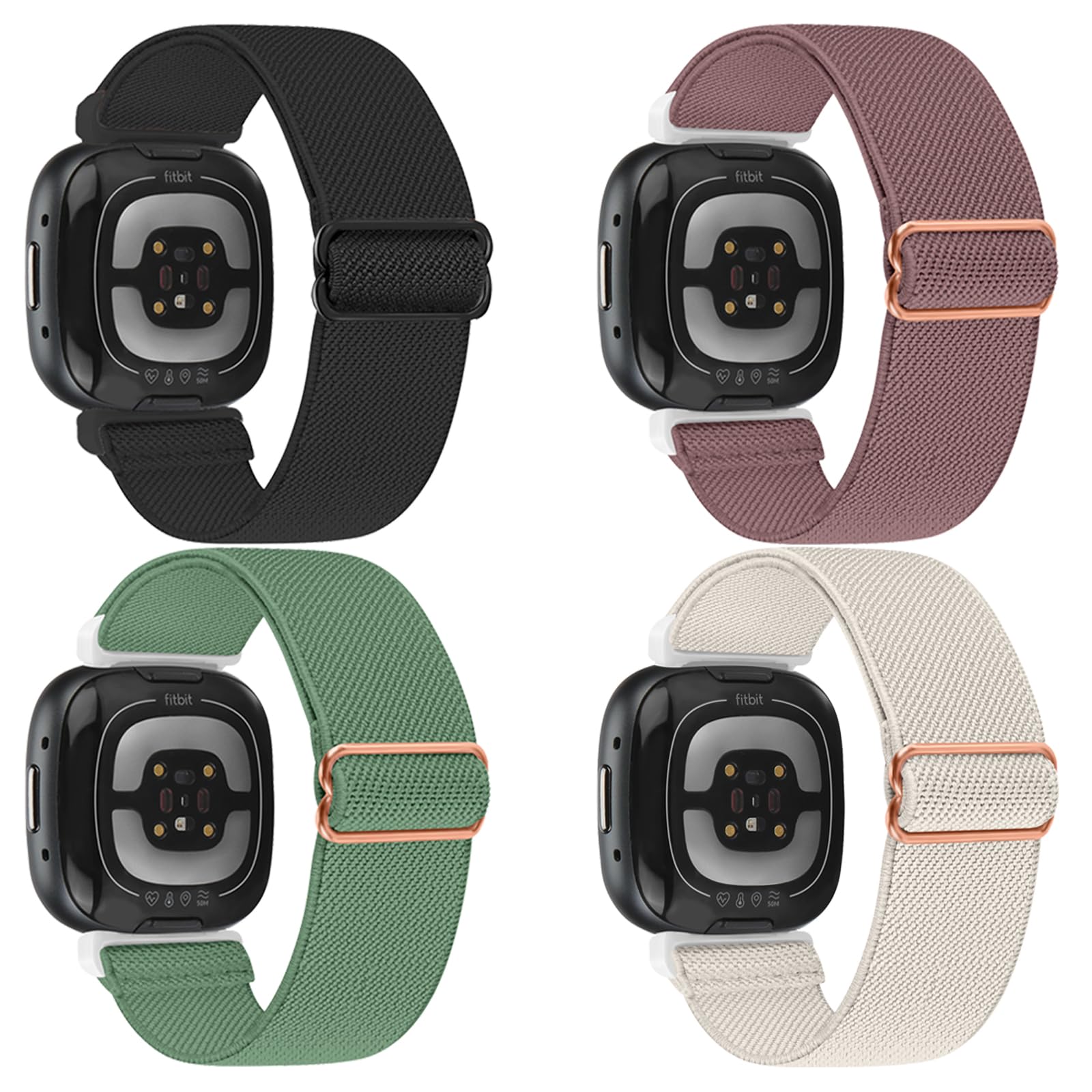 HUYIIO 4 Pack Adjustable Straps Compatible with Fitbit Versa 4/Fitbit Versa 3 Strap/Fitbit Sense 2/Fitbit Sense Strap,Soft Breathable Nylon Sport Band Stretchy Replacement Wristband For Women Men