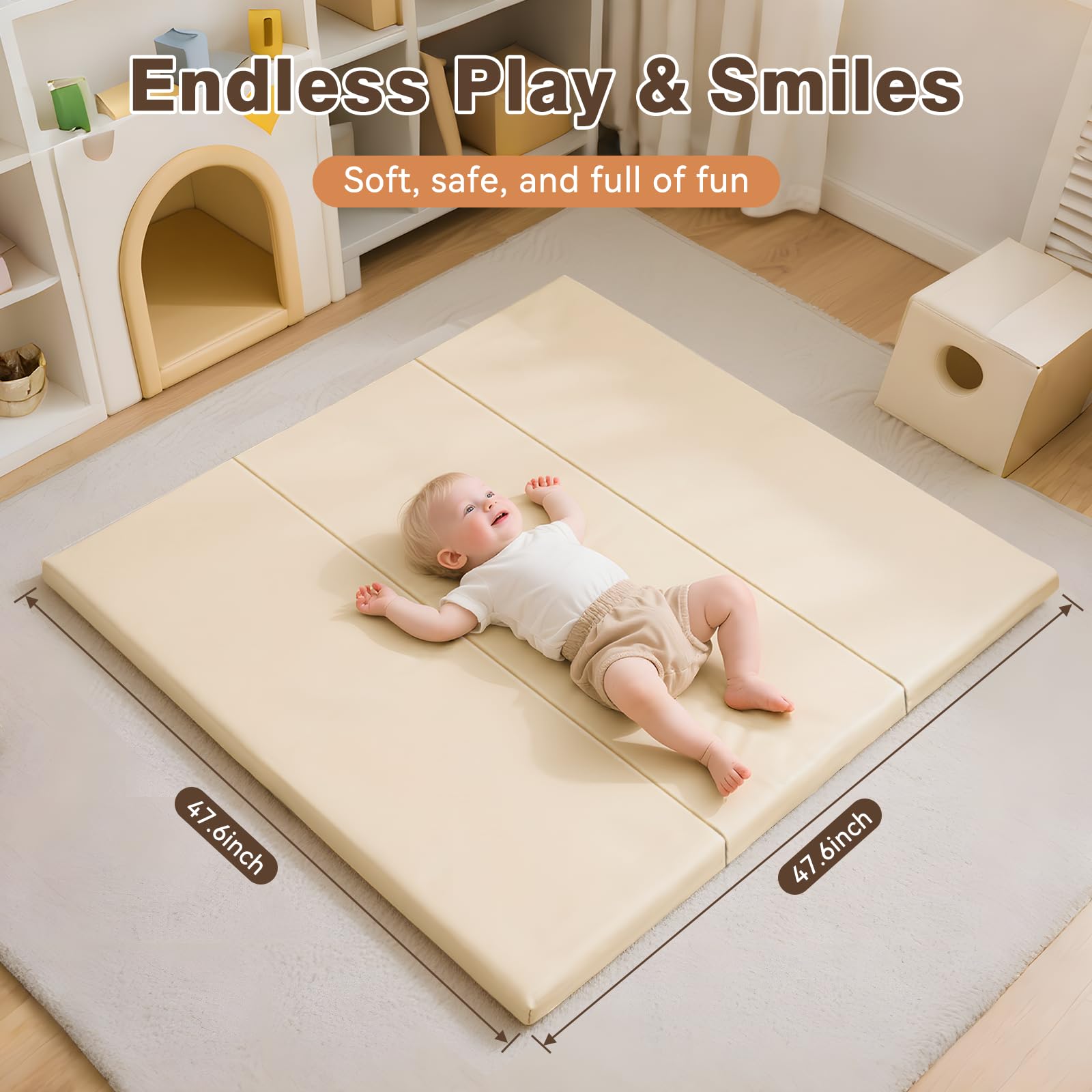 Foam Baby Play Mat: PU Leather Waterproof Kids Playmat - Trifold Floor Mat - Large Play Mat for Playpen Thick Pad Fodable Mattress Soft Toddler Mattress Infant Cushion for Preschool (Beige)