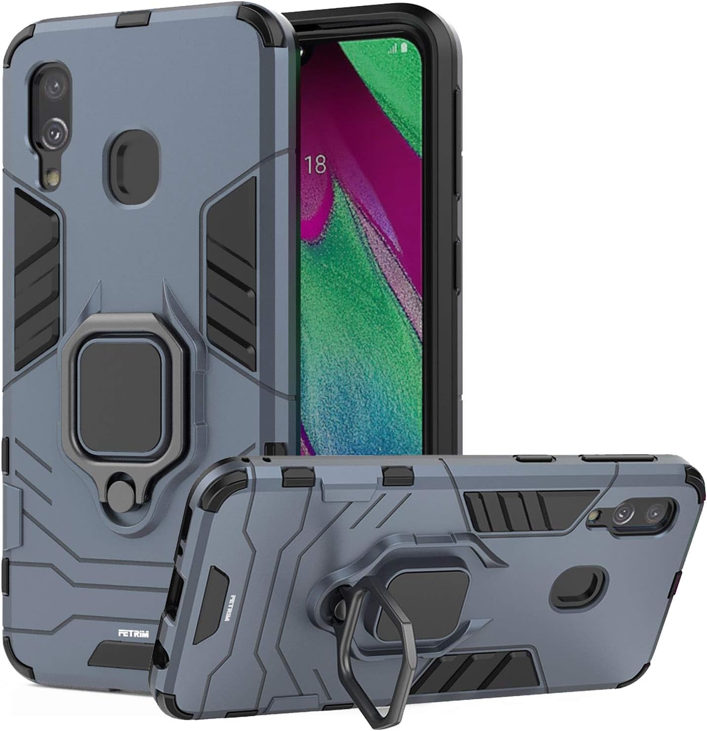Fetrim Galaxy A40 Case, TPU Plastic Dual Layer Shockproof Cover for Samsung Galaxy A40 with 360 Degree Rotation Ring Holder Kickstand (Blue)