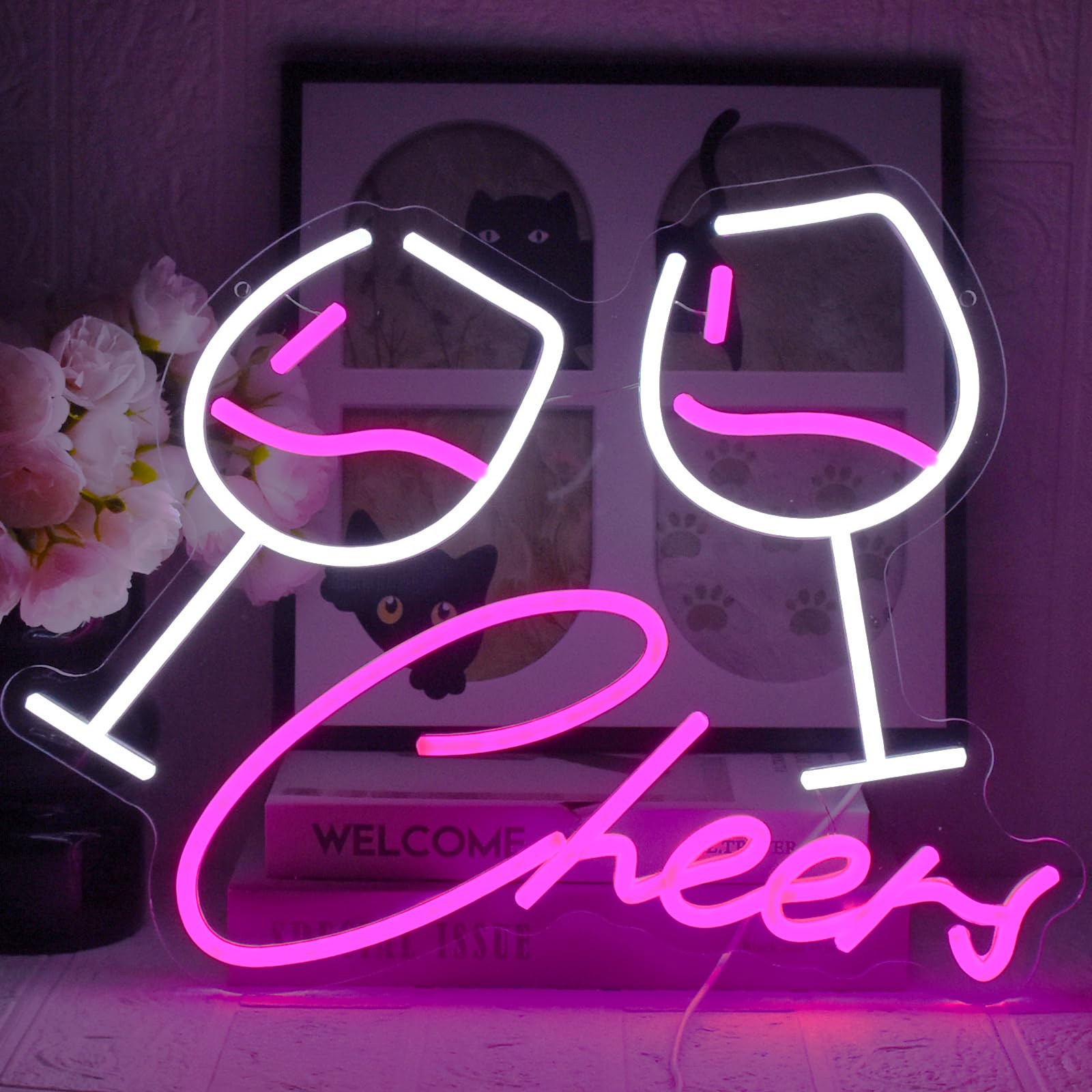 UExnkj-Y Cheers Neon Sign pink and white neon lettering wine glass sign USB powered LED neon light for cocktail bar, club, party, nightclub, gift