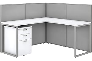 BUSH BUSINESS FURNITURE Bush Furniture Corner Cubicle Desk with Filing Cabinet and Panels | Easy Office Collection L Shaped Computer Table with Drawers, 60W x 45H, Pure White
