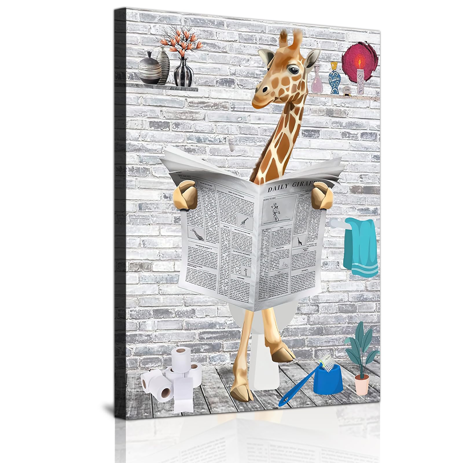 ZFTCN Funny Newspaper Animal Wall Art, Animal Wall Pictures on Toilets, Black and White Canvas Pictures, Bathroom, Bedroom Decoration, Frameless (Giraffe, 50 x 70 cm)