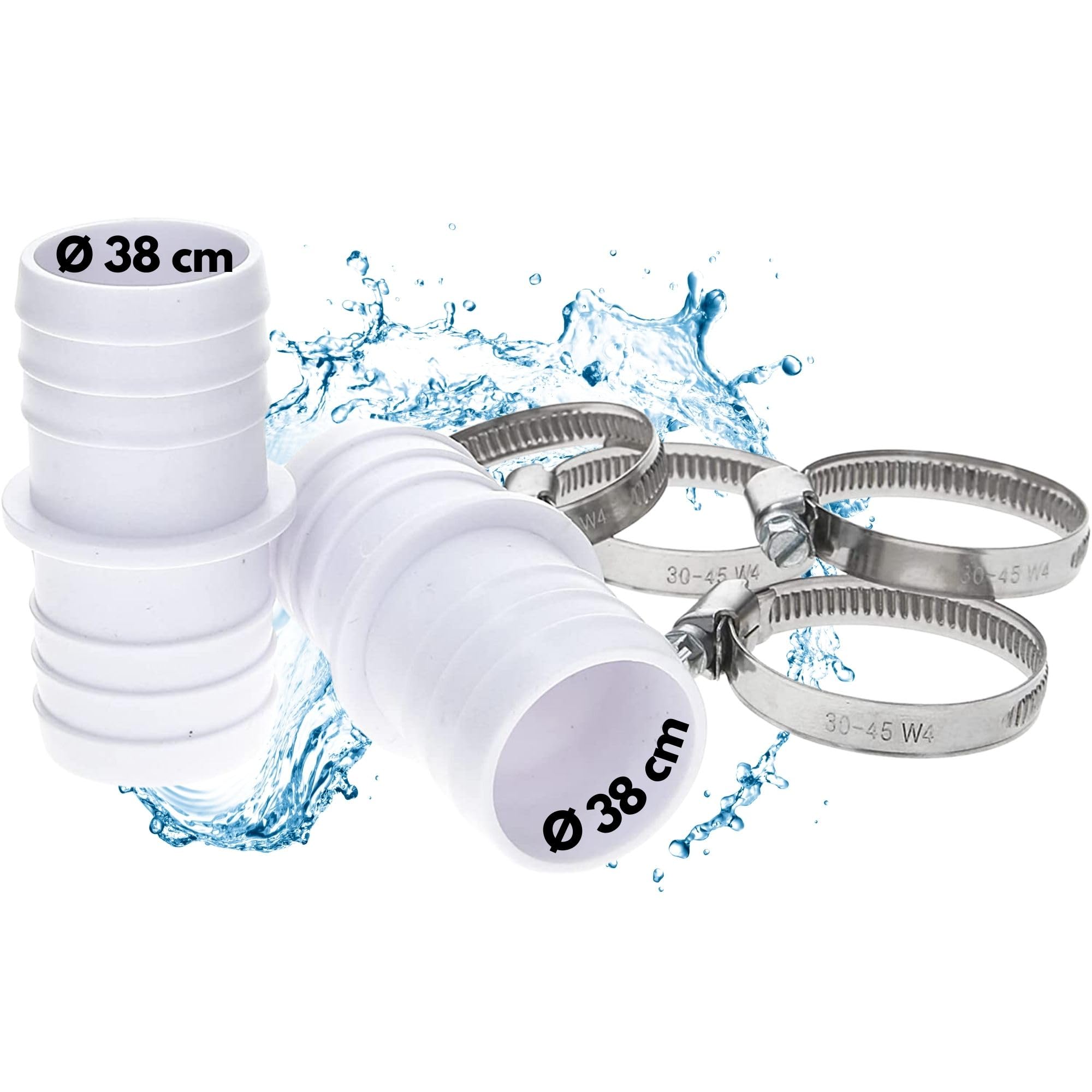 Amapool Hose Nozzle Set I 2 x 38/38 mm Hose Connector for Pool Hose I 4 x W4 Stainless Steel Clamps V2A Diameter 30-45 mm I Pool Accessories 6 Pieces