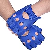 DRIVING GLOVES HALF FINGER FINGERLESS KNUCKLE HOLES FOR MEN GENUINE LEATHER (Medium, Blue)