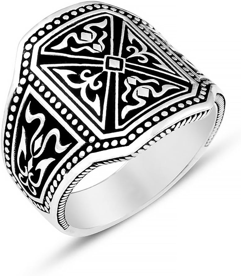 chimoda Mens Rings 925 Sterling Silver Men's Handmade Ring Unique Vintage Design Male Jewelry with Engraved Turkish Motifs