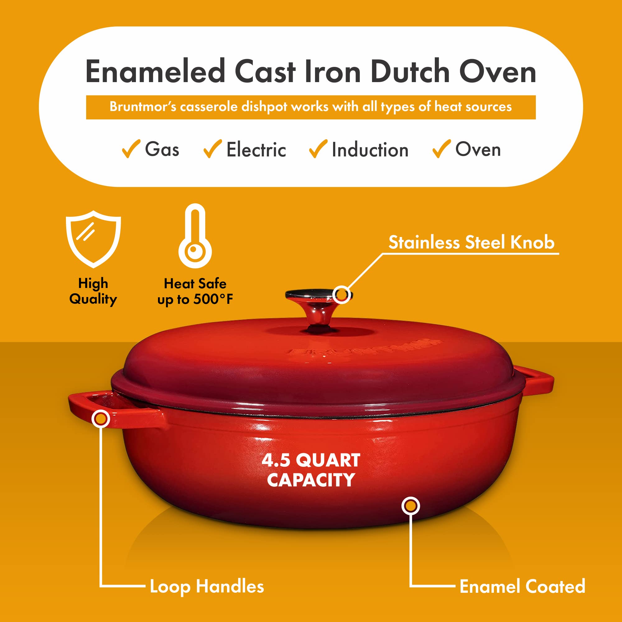 Bruntmor 4.5 Quart Pre-seasoned Enameled Cast Iron Dutch Oven With Dual Handles And Lid, Red Cast Iron Skillet, Shallow Cookware Braising Pan For Cast Iron Casserole Dish, Crock Pot Covered
