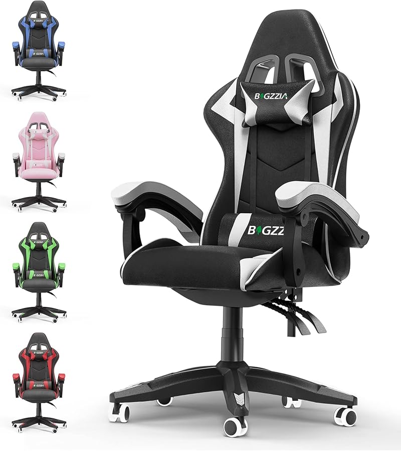bigzzia Ergonomic Gaming Chair White with Lumbar & Headrest Cushions