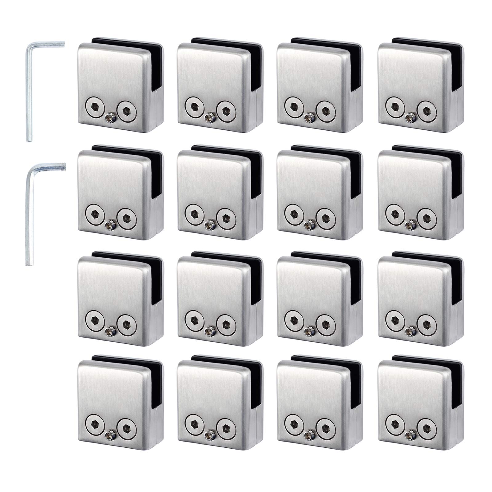 Kamtop Glass Clamps, 16 PCS 9-10mm Glass Mounting Brackets, Square Glass Clamps Adjustable Glass Brackets Glass Clip Flat Back for Balustrade Staircase Suitable for 3/8 Inch Glass