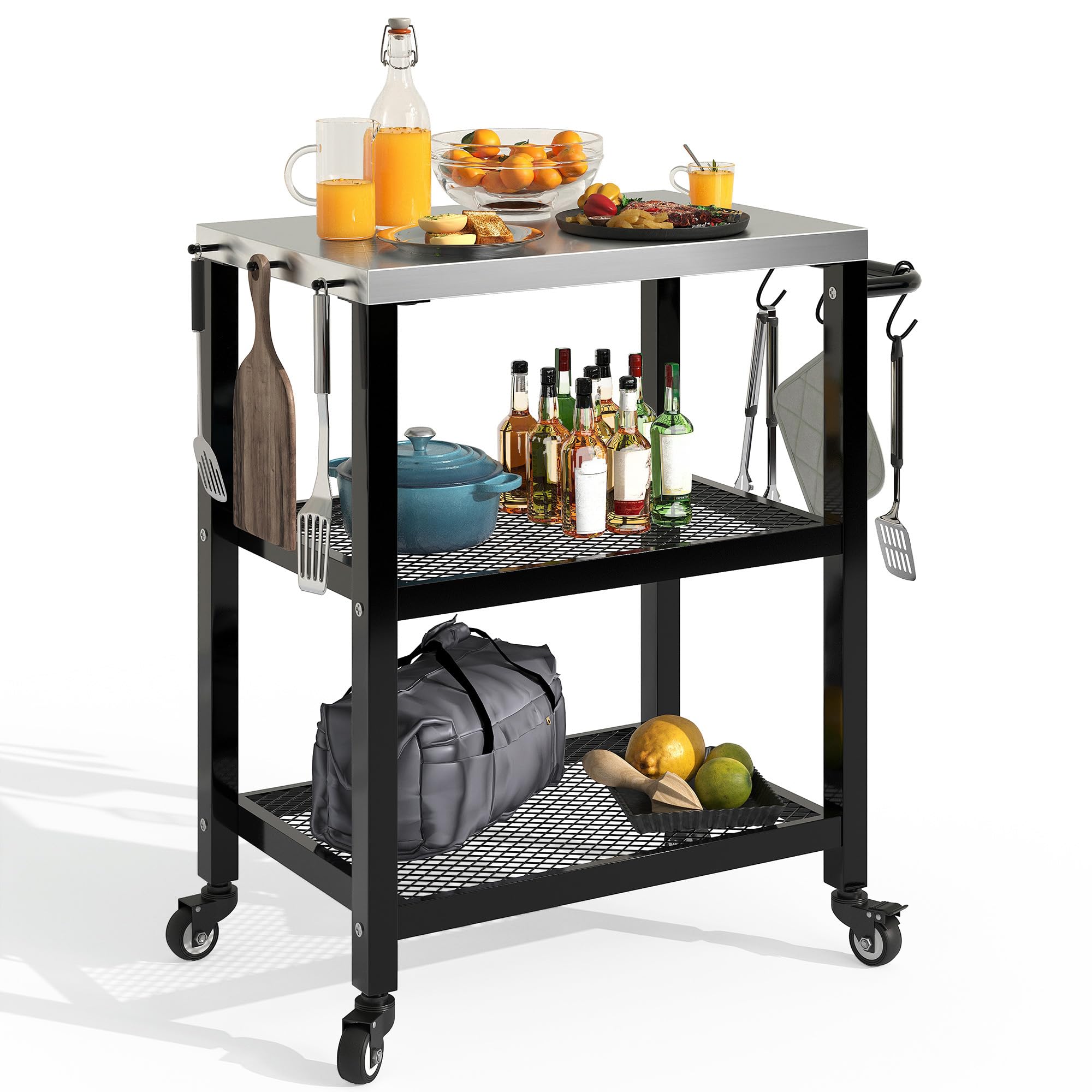 Photo 1 of YITAHOME Outdoor Grill Cart, Patio Food Prep and Work Cart Table, Three-Shelf Stainless Steel Flattop Outdoor Cooking Prep Table with Wheels