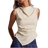 RoseSeek Women's Cowl Neck Asymmetrical Neck Slim Fit Tank Top Sleeveless Dressy Linen Blouses Ruched Elegant Shirts