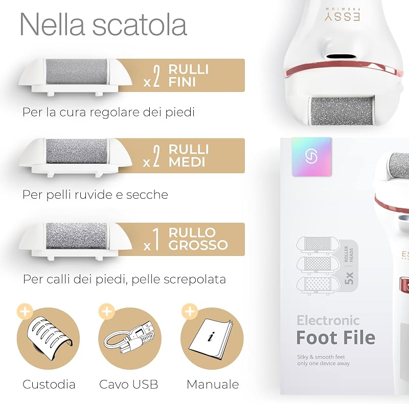 Lima per Piedi Elettrica Ricaricabile con 5 Rulli di Ricambio (Bianco)