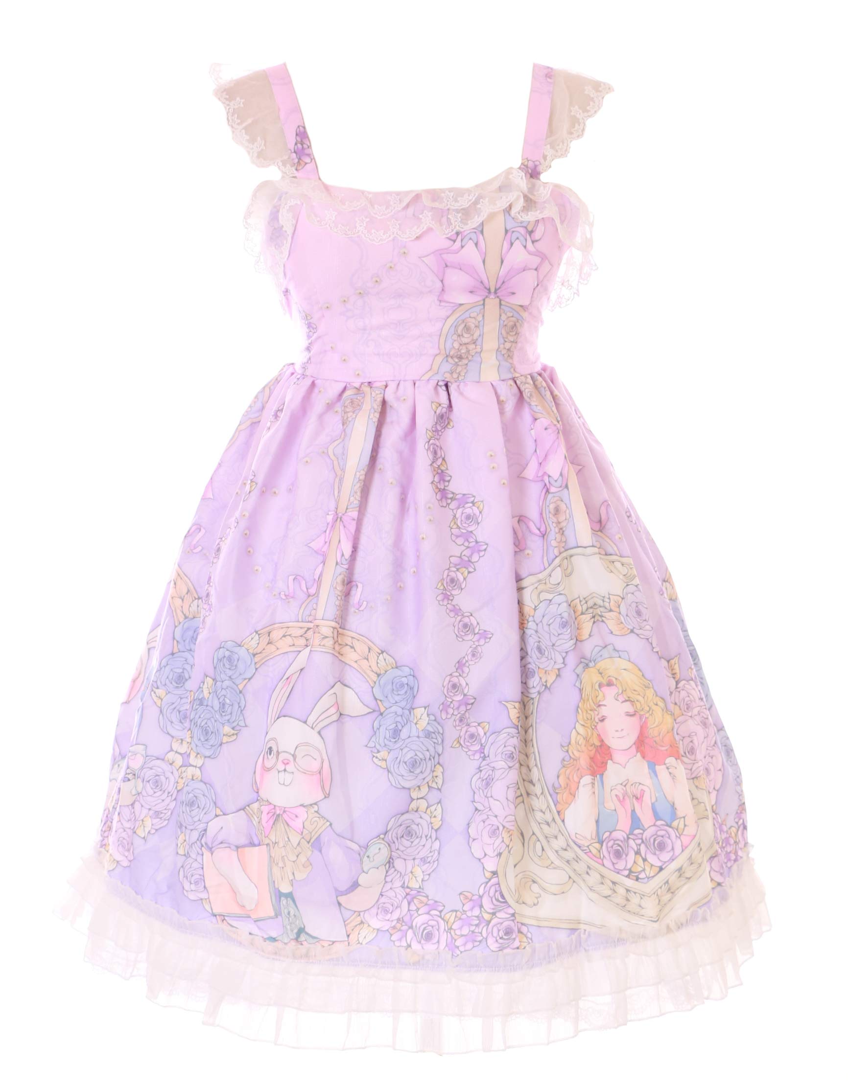 JSK-55 Purple Alice Wonderland Rabbit Magician Cat Roses Strappy Dress Pastel Goth Lolita Cosplay Costume Kawaii