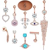 ZELORES 9Pcs 14G Belly Button Rings for Women Surgical Stainless Steel Belly Rings Cute Navel Rings Butterfly Evil Eye Heart Tassel Dangle Belly Button Ring Set Rose Gold Belly Button Piercing Jewelry