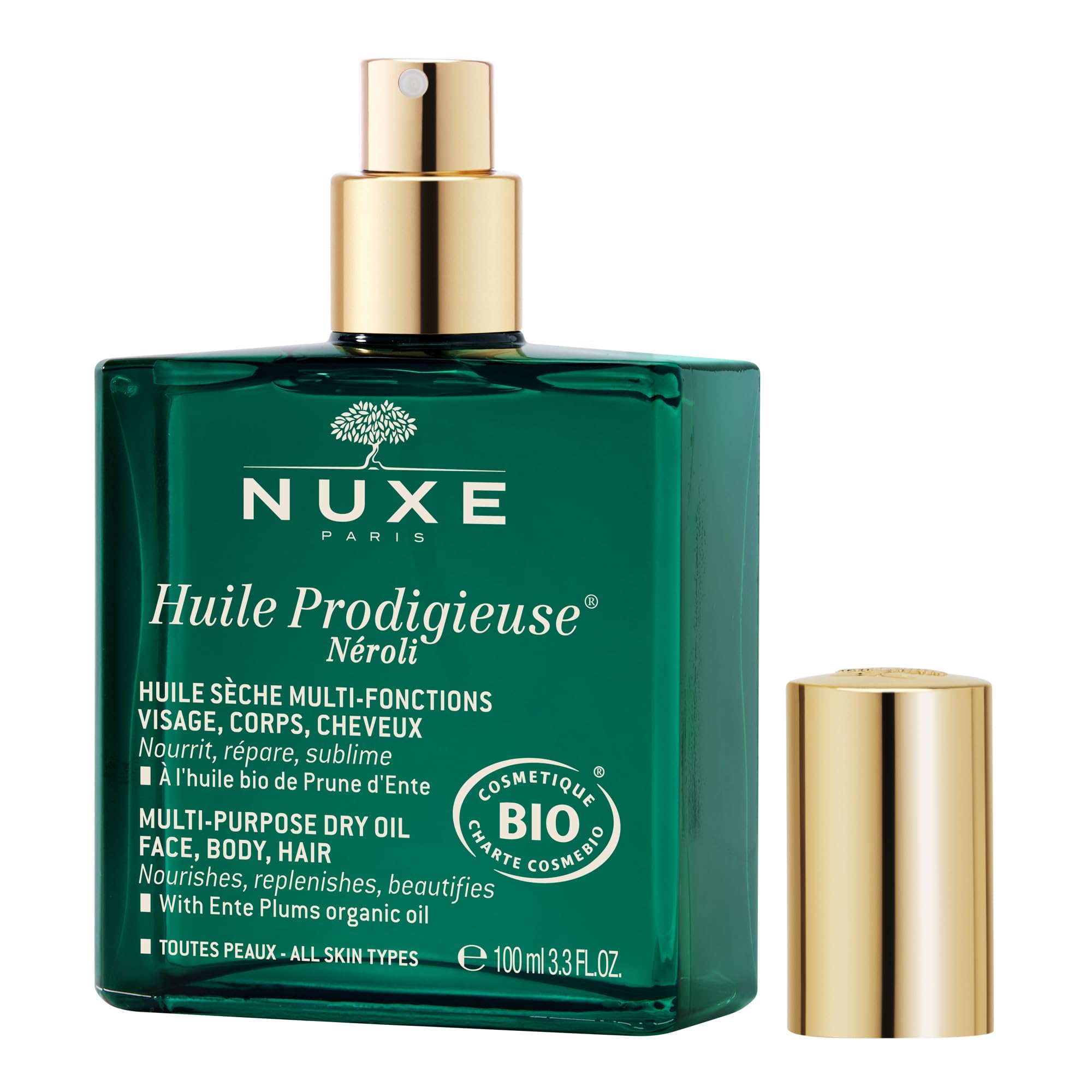 Nuxe Huile Prodigieuse Néroli Multi-Purpose Dry Oil for Face, Body and Hair 100ml, Organic Nourishing Oil, With Plum & Sesame Oils, Repairs & Softens with Neroli Scent, Certified Organic