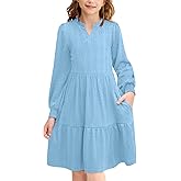 Girls Fall Knit Dresses V Neck Long Puff Sleeve Dress Ruffle Hem with Pockets 6-14 Years