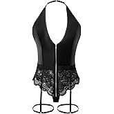 Ausing Women Leather Halter Bodysuit Lace One Piece Lingerie V Neck Zipper S-XXL