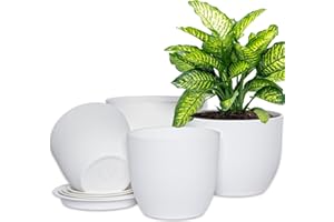 UOUZ 10/9/8/6.3 inch Plant Pots, Modern Plastic Planters Planting Pots with Multi Drainage Holes and Saucers for Indoor Outdoor Plants Flowers, White