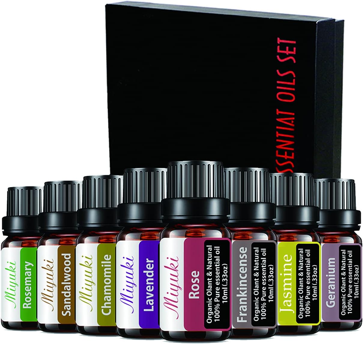 Miyuki Essential Oil Sets Organic Plant & Natural 100% Pure Oils with Rose,Frankincense,Jasmine,Geranium,Lavender,Chamomile,Sandalwood,Rosemary - 8 Pack x10ML: Health & Personal Care