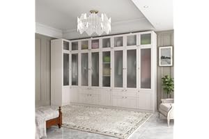 TAMUNE Wardrobe Closet System with Frosted Glass Doors & Drawers, Armoire Wardrobe Closet with Hanging Rod, Top Cabinets, Wood Grain