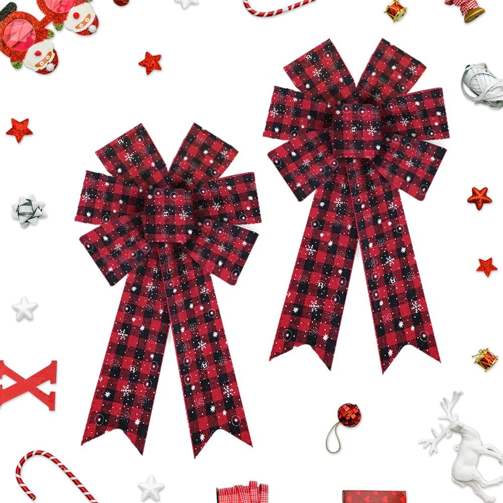 Bows & Ribbons - 2pcs Christmas Wreath Bows Christmas Bows Snowflake Red Black Plaid Burlap Bows for Wreaths, Christmas Ribbon Bows Tree Topper Bows for New Year Home Indoor Outdoor Decoration Wreath Ornament Supplies