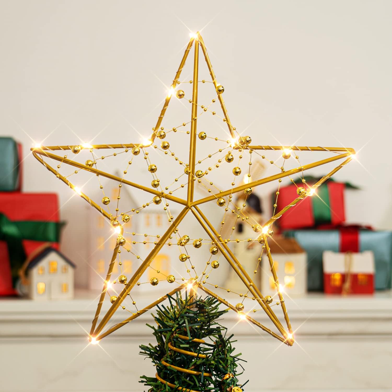 Tree Toppers - Homemory Star Christmas Tree Toppers Lighted, Glitter Star Tree Topper Lighted with 30 LED Lights for Xmas Tree Decorations, Holiday Party Indoor Decor, 10.6inchx12.2inch