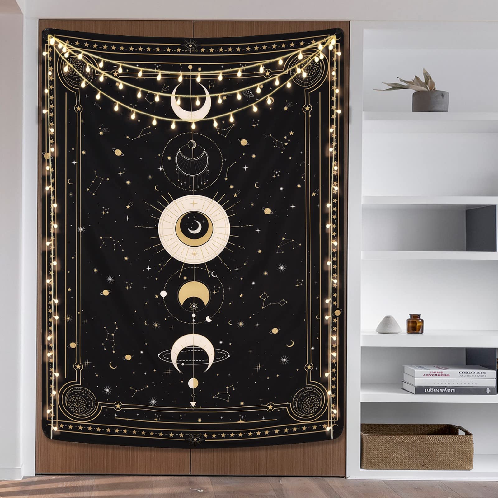 Yugarlibi Moon Phases Tapestry Wall Hanging, Starry Sky Black Tarot Card Tapestry for Bedroom Aesthetic, Mysterious Astrology Tapestries Wall Art, Black 82.7x59.1in (210x150cm)
